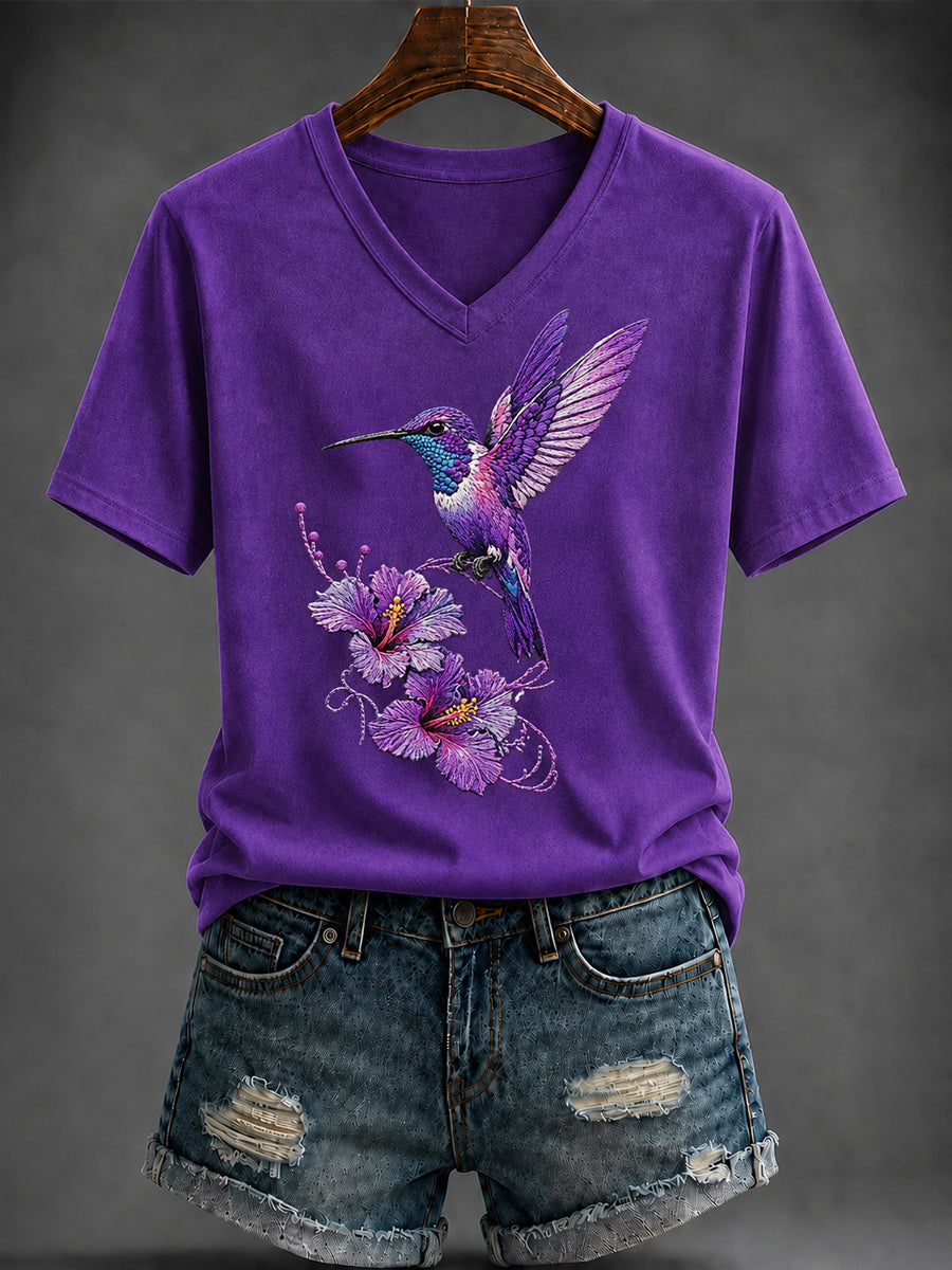 Women's Purple Art Printed V-neck T-shirt