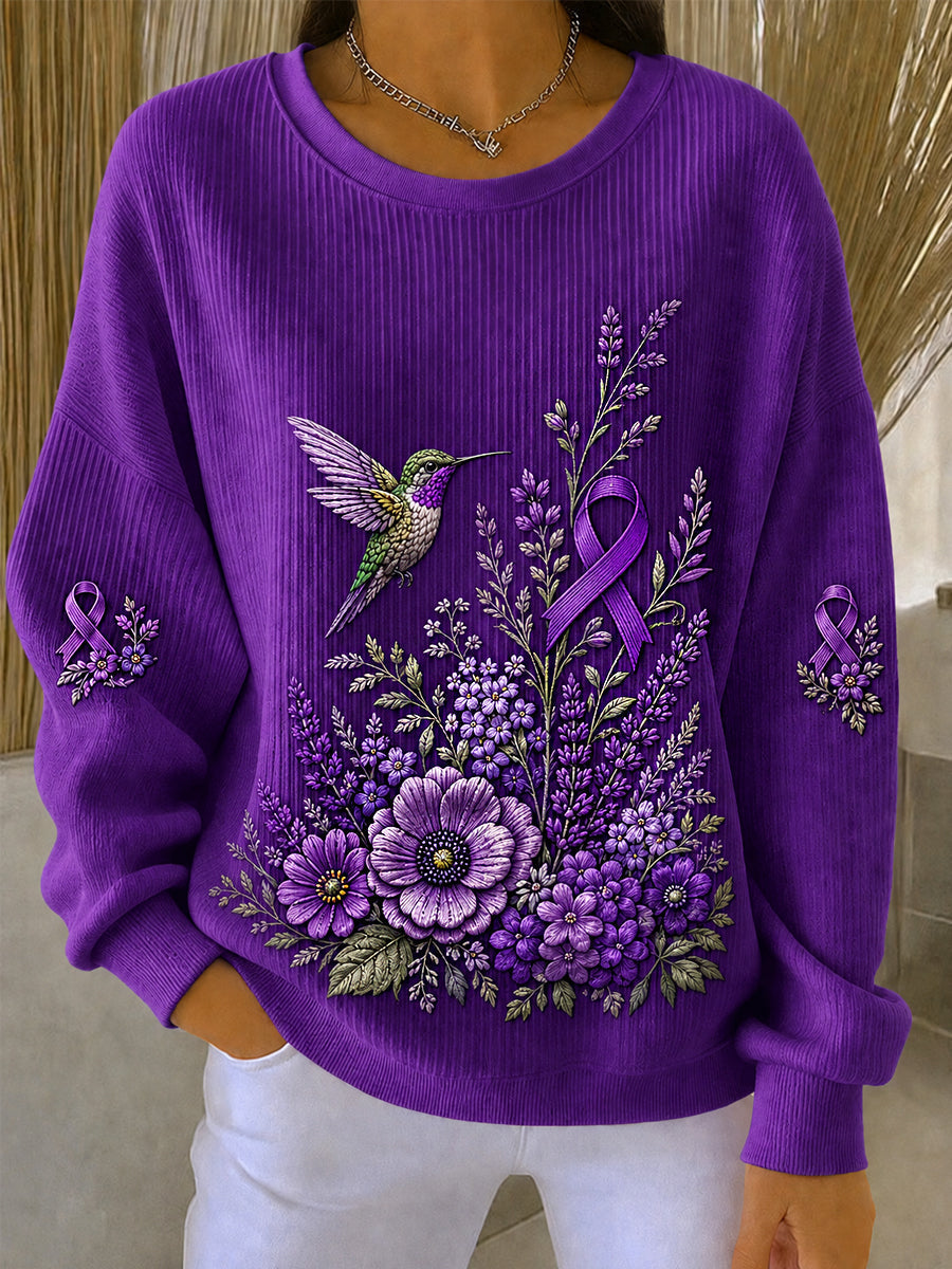 Women's Purple Floral & Hummingbird Print Alzheimer's Awareness Support Sweatshirt