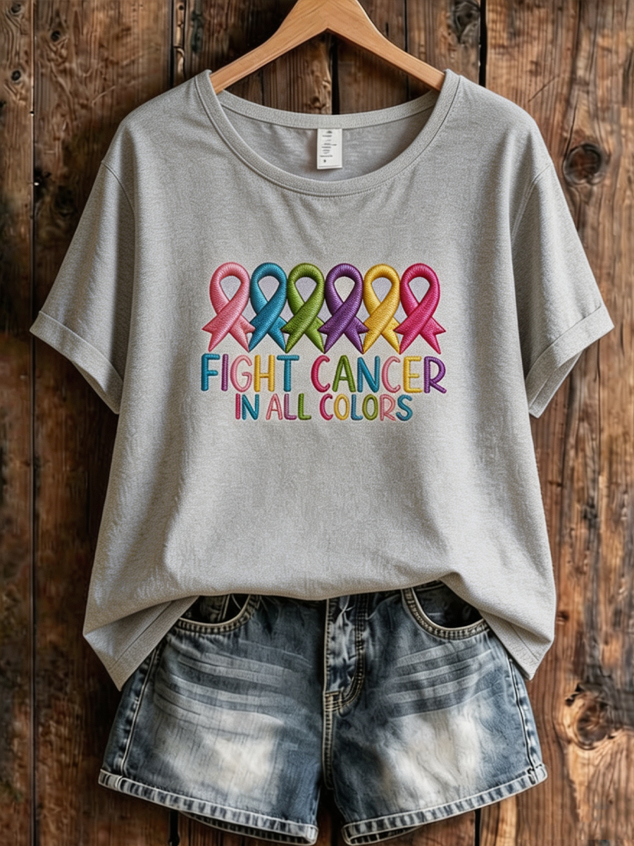 Women'S Casual Cancer Promotion Month Multi Color Round Print Short-Sleeve T-Shirt