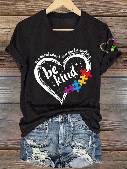 Women's In A World Where You Can Be Anything Be Kind  Autism Awareness Printed V-Neck T-Shirt