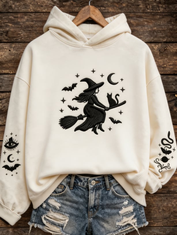Flying Witch And Black Cat Halloween Aesthetic Hoodie