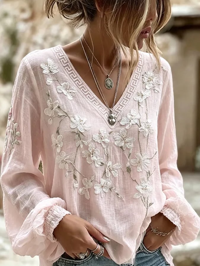 Women's  Floral Cotton-Linen Print Top