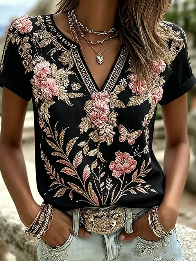 Women's  Floral Cotton-Linen Print Top