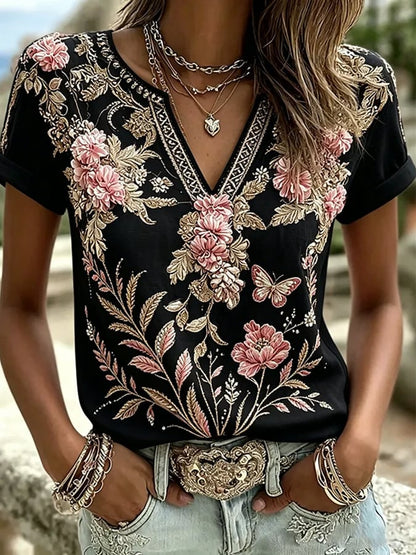 Women's  Floral Cotton-Linen Print Top