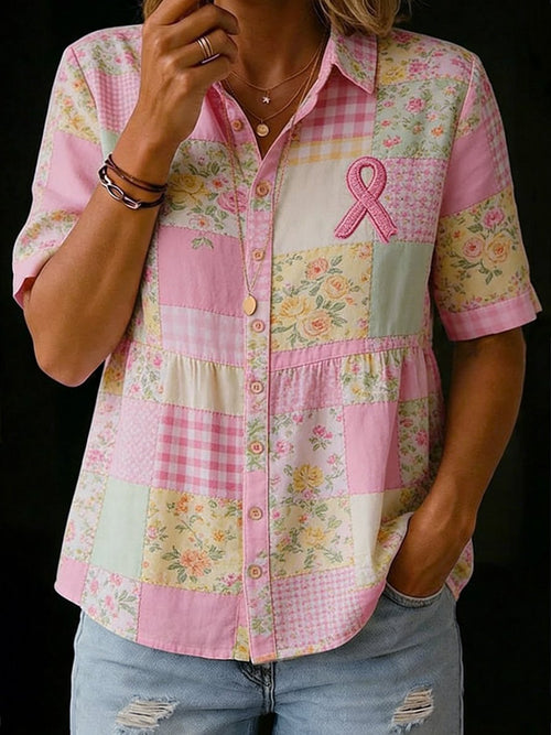 Women's Casual Floral Art Breast Cancer Awareness Print Shirt