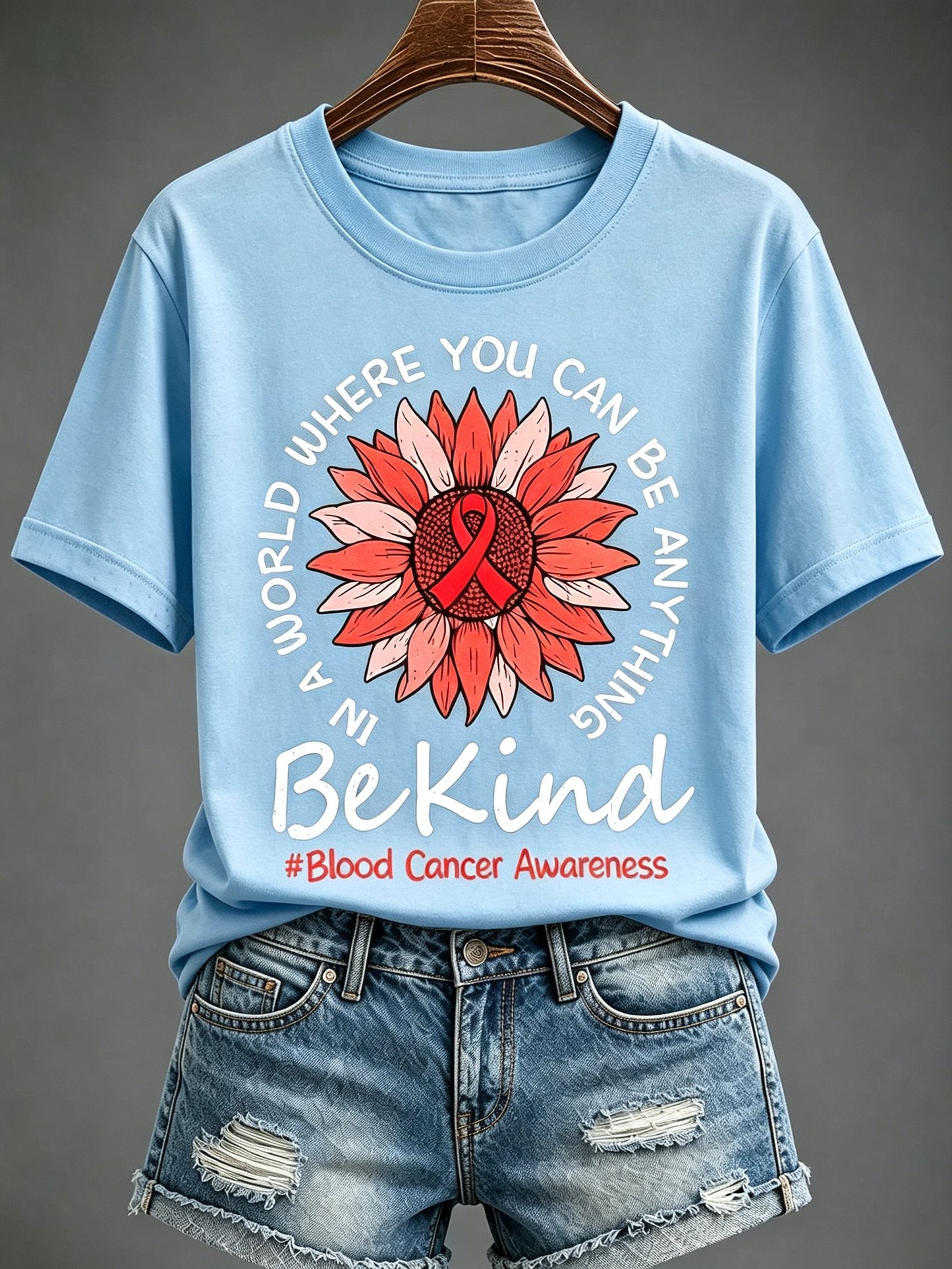 Women'S Blood Cancer Red Ribbon Health Awareness Round Neck T-Shirt