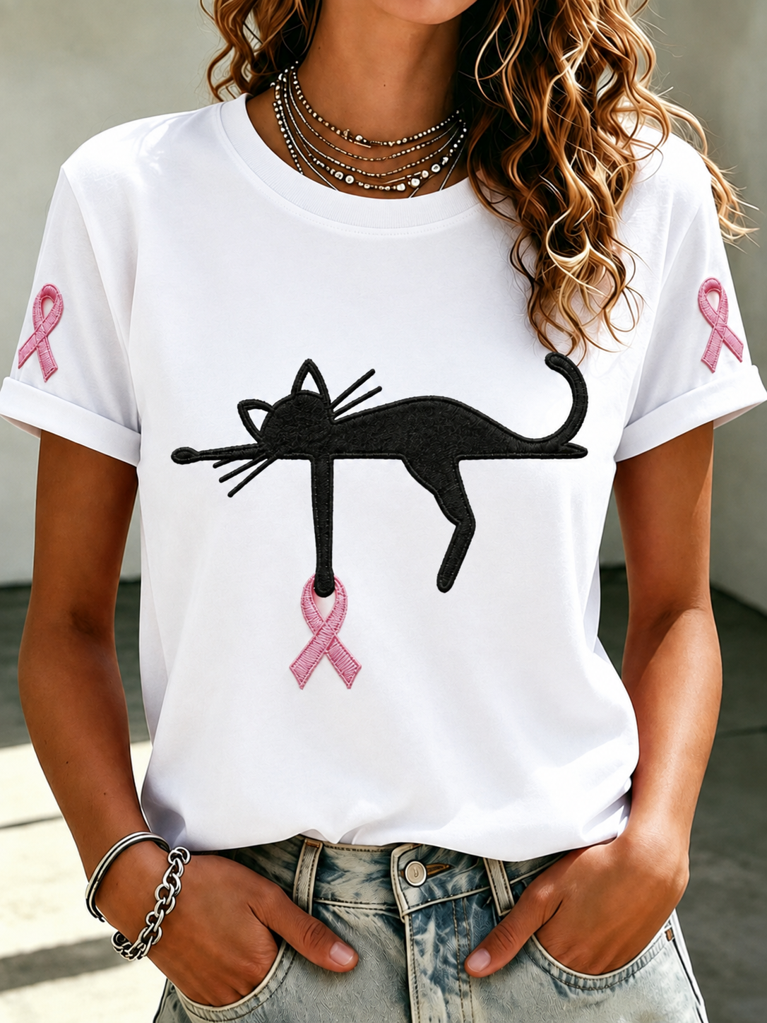Women'S Pink Ribbon Cat Print Breast Cancer Awareness Short-Sleeved T-Shirt
