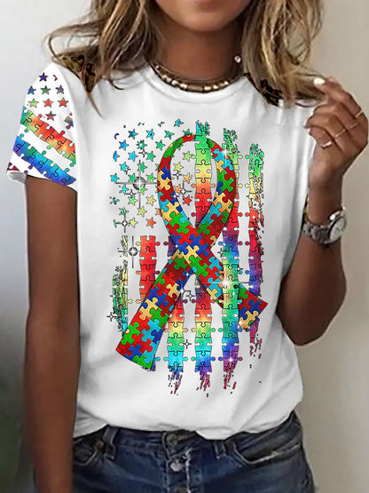 Women’s Retro Autism Awareness Colorful Puzzle Pieces Ribbon American Flag Print Short Sleeve Casual T-Shirt