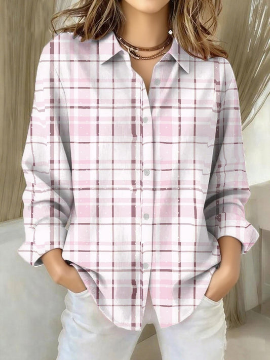 Women's Pink Plaid Print Casual Collar Shirt