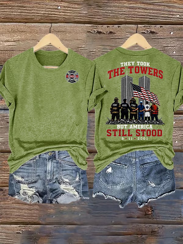 Women's BUT AMERICA STILL STOOD Print Crew-Neck T-Shirt