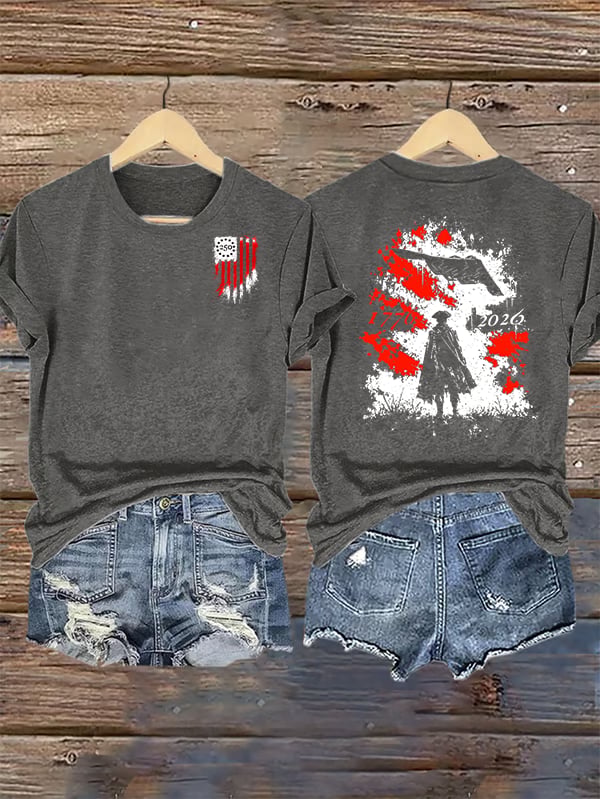 Women's  Round-Neck 250 US Flag Print T-Shirt