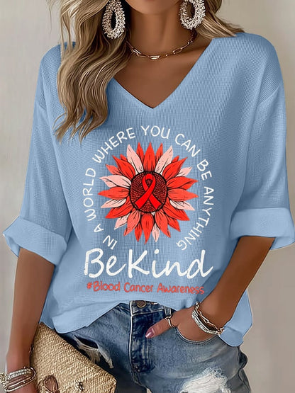 Women's Blood Cancer Red Ribbon Health Awareness Casual Printed Waffle Top
