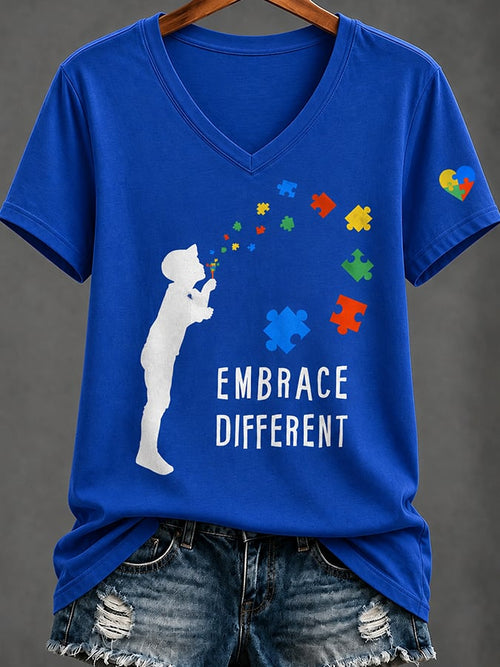 Women'S Casual V-Neck Top With Autism Awareness Print