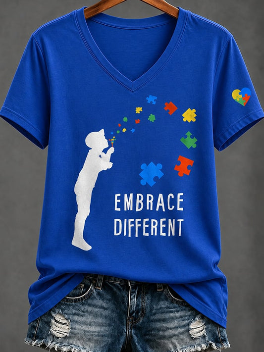 Women'S Casual V-Neck Top With Autism Awareness Print