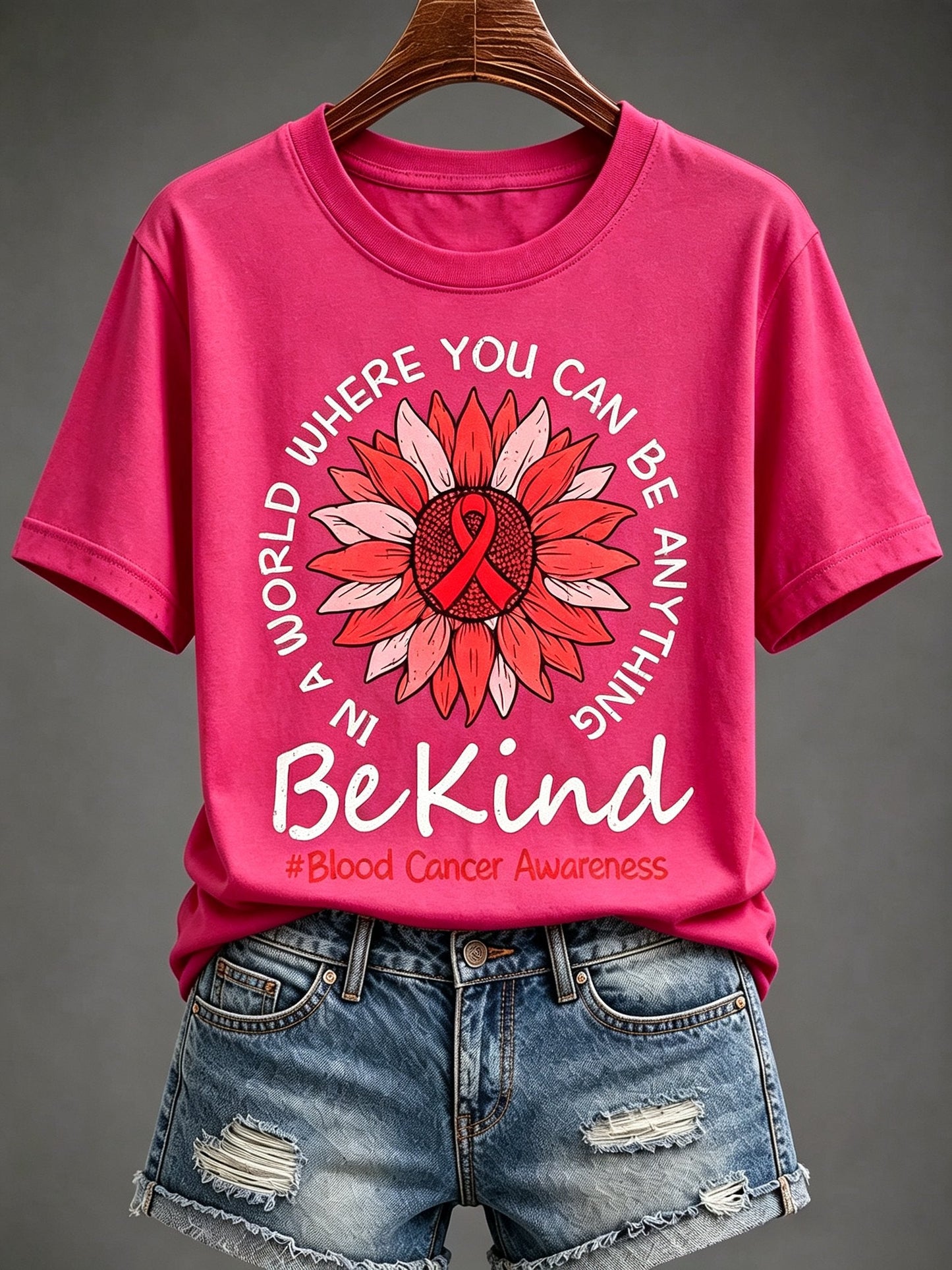 Women'S Blood Cancer Red Ribbon Health Awareness Round Neck T-Shirt