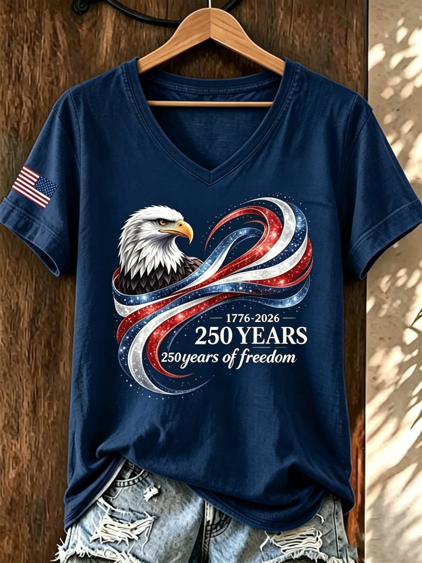 Women's American 250th Anniversary Print Casual V-Neck T-Shirt