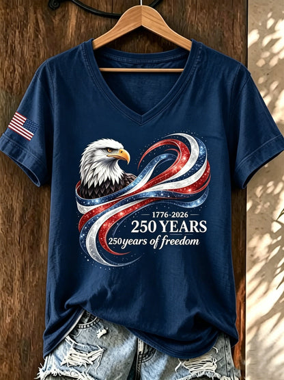 Women's American 250th Anniversary Print Casual V-Neck T-Shirt