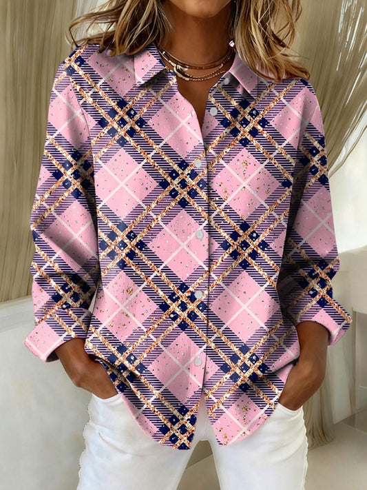 Women's Pink Plaid Print Casual Lapel Shirt