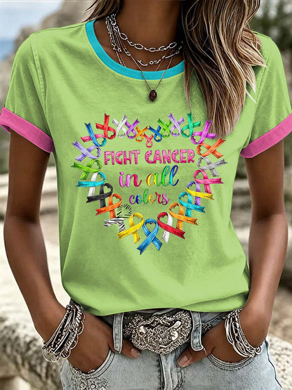 Women's Retro Fight Cancer In All Colors Printed T-shirt