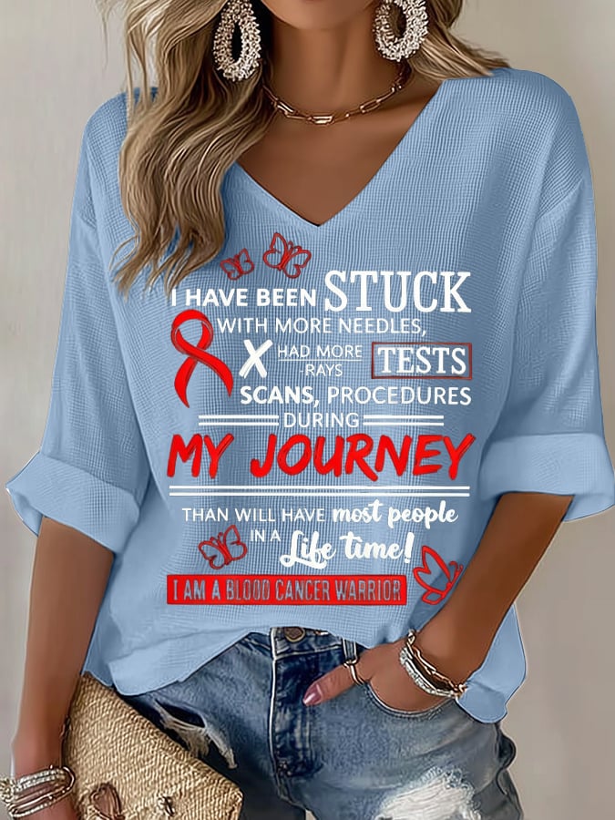 Women's Blood Cancer Red Ribbon Health Awareness Casual Printed Waffle Top