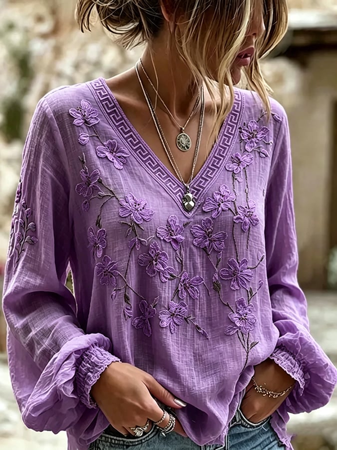 Women's  Floral Cotton-Linen Print Top