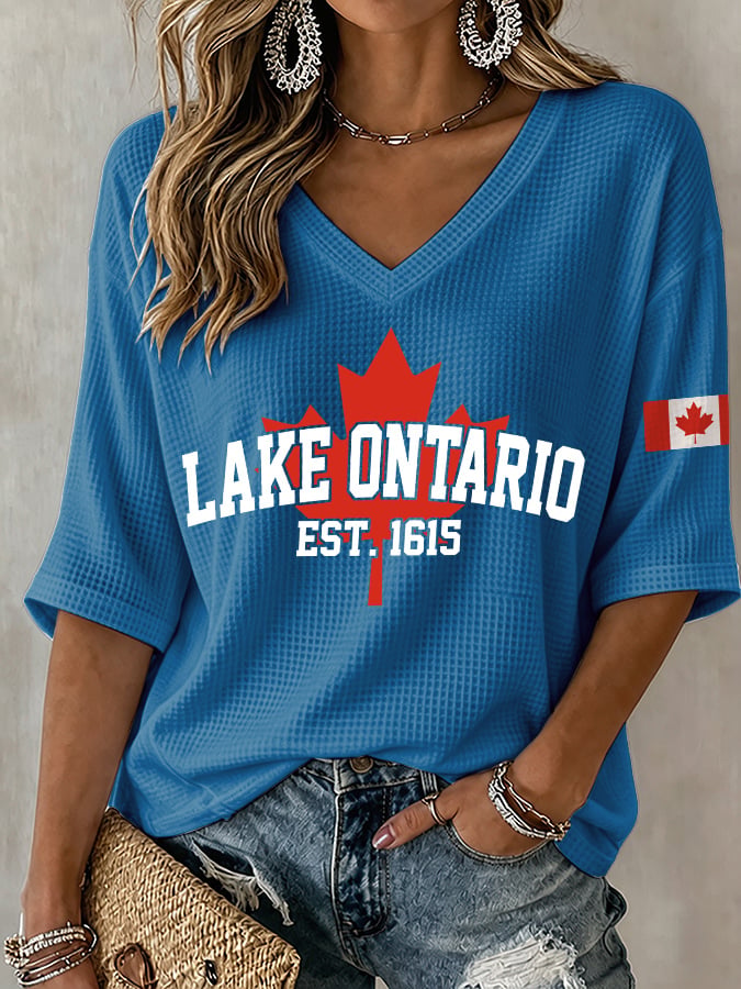 V-Neck Retro Lake Ontario Est. 1615 Canadian Lake Print T-Shirt
