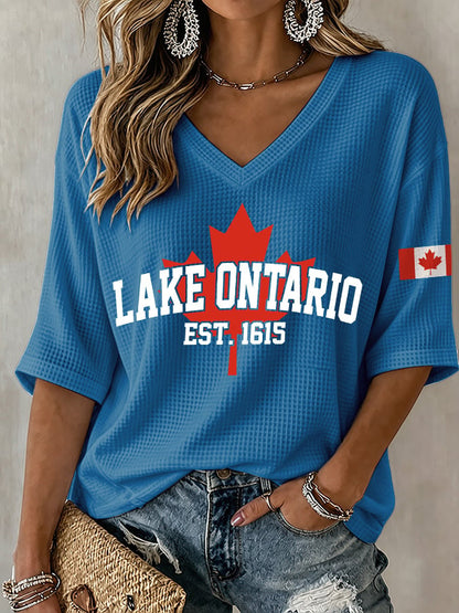 V-Neck Retro Lake Ontario Est. 1615 Canadian Lake Print T-Shirt