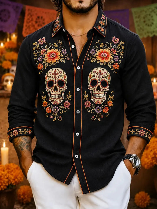 Men's Day Of The Dead Symmetrical Painted Skulls Floral Print Shirt