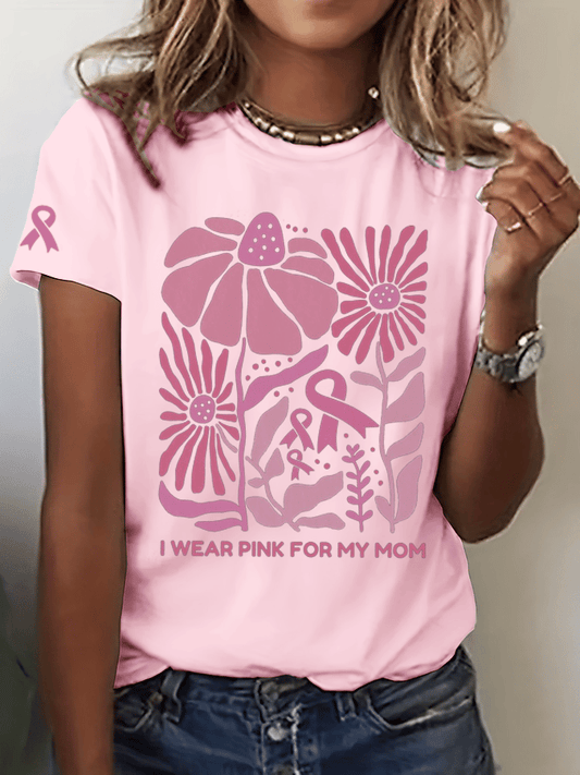 Women's I Wear Pink For My Mom Breast Cancer Awareness Print Crew Neck T-Shirt