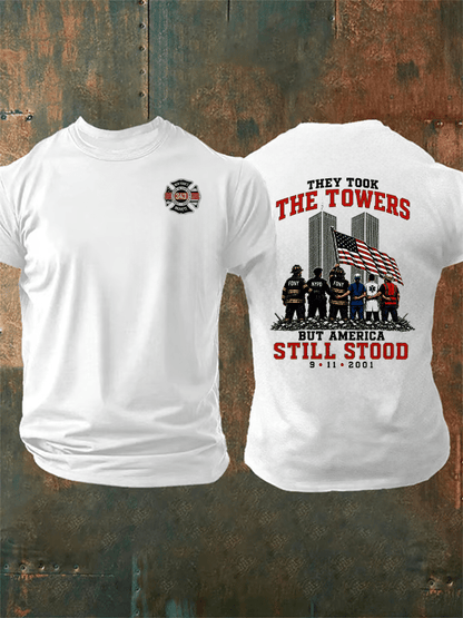 Men's BUT AMERICA STILL STOOD Print Crew-Neck T-Shirt
