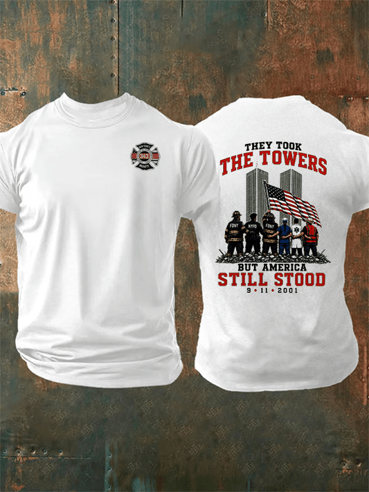 Men's BUT AMERICA STILL STOOD Print Crew-Neck T-Shirt