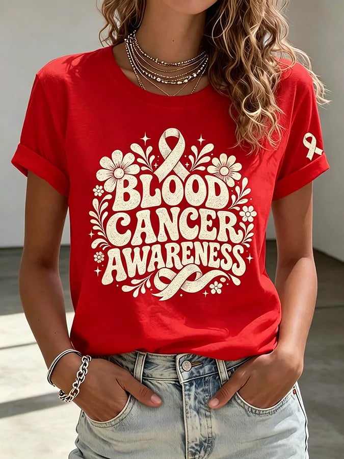 Women'S Blood Cancer Red Ribbon Health Awareness Round Neck T-Shirt