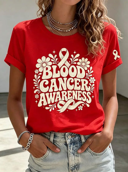 Women'S Blood Cancer Red Ribbon Health Awareness Round Neck T-Shirt