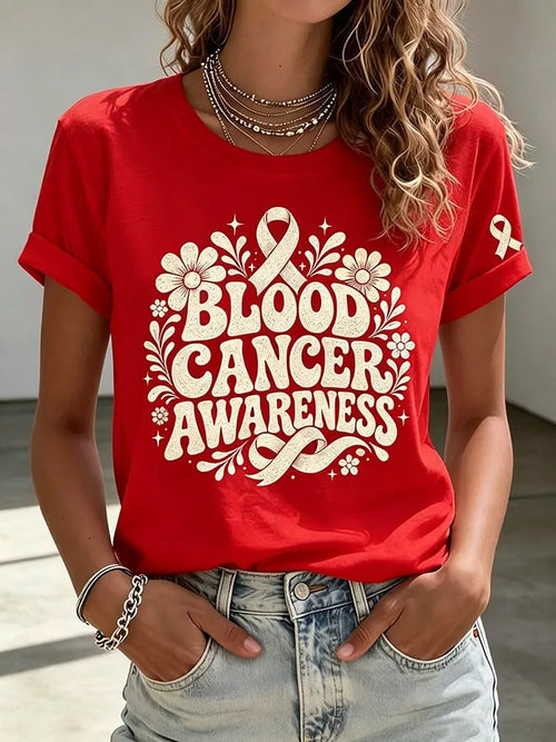 Women'S Blood Cancer Red Ribbon Health Awareness Round Neck T-Shirt