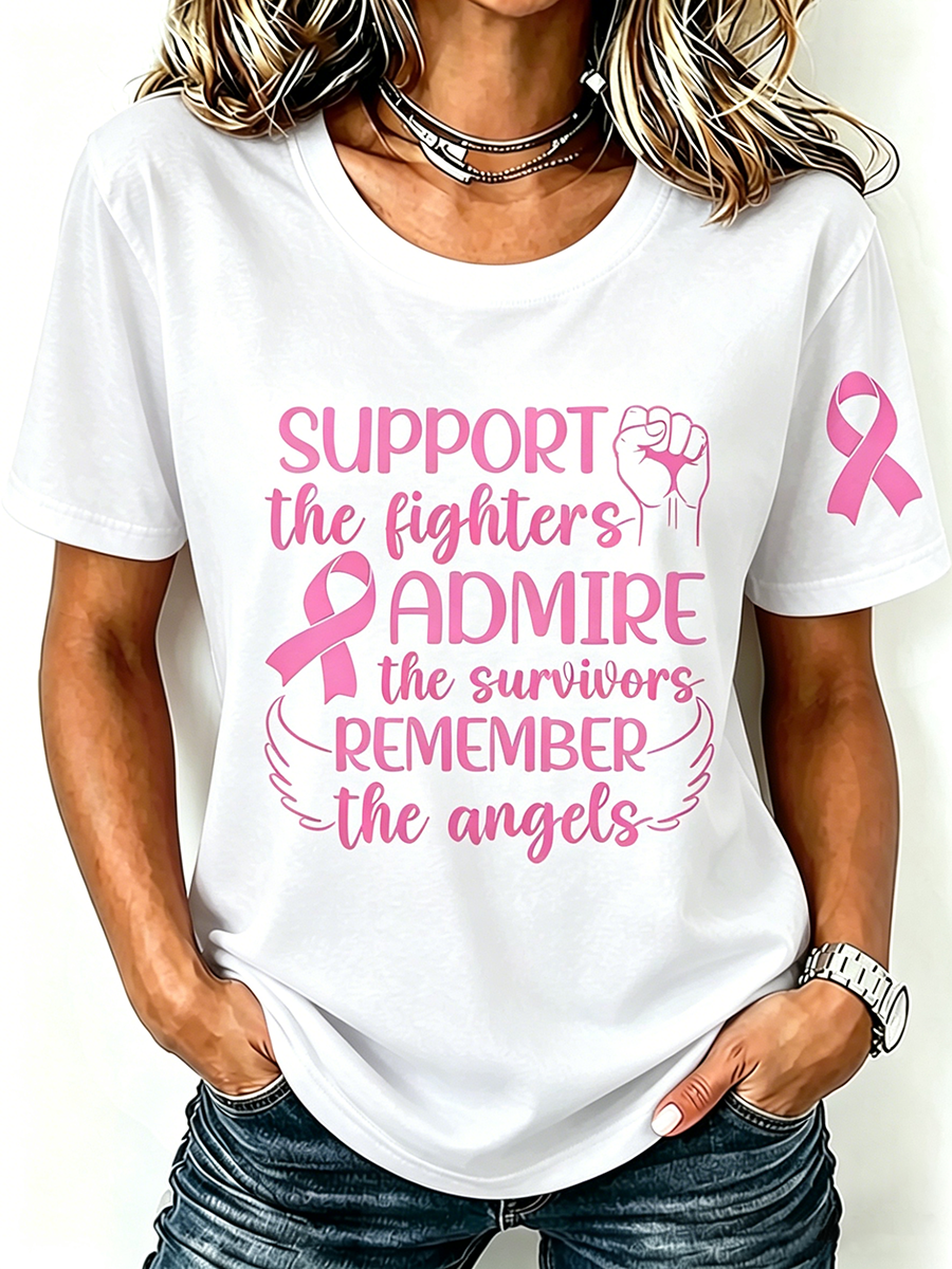 Pink Series Disease Health Awareness Public Welfare Printed Round Neck T-Shirt