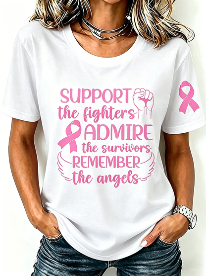 Pink Series Disease Health Awareness Public Welfare Printed Round Neck T-Shirt