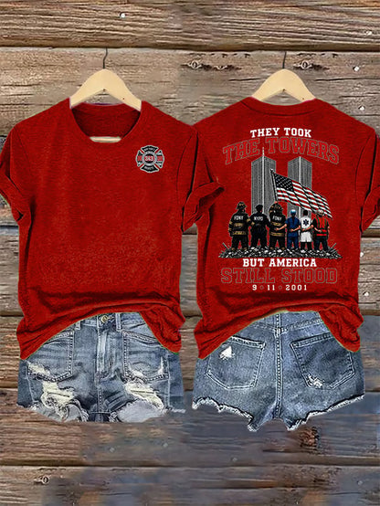 Women's BUT AMERICA STILL STOOD Print Crew-Neck T-Shirt