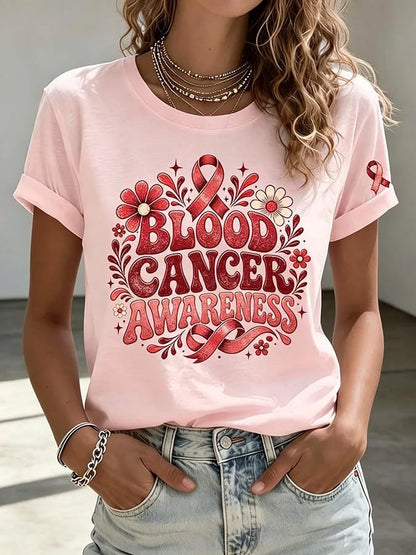 Women'S Blood Cancer Red Ribbon Health Awareness Round Neck T-Shirt