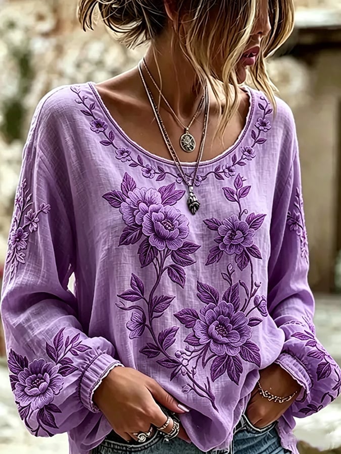 Women's  Floral Cotton-Linen Print Top