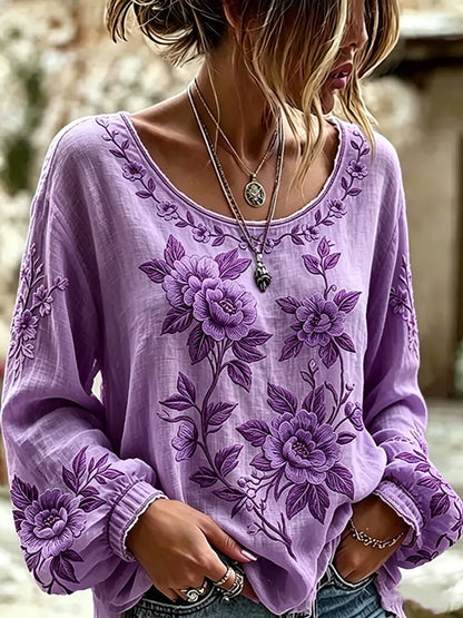 Women's  Floral Cotton-Linen Print Top