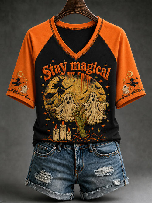 Women's Halloween Stay Magical Ghosts Witch Moon  Short Sleeve T-shirt