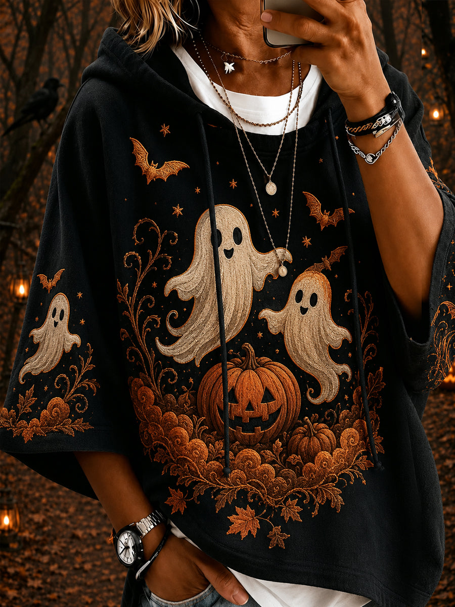 Women's Halloween Ghost Pumpkin Face Print Casual 3/4 Sleeve Hoodie