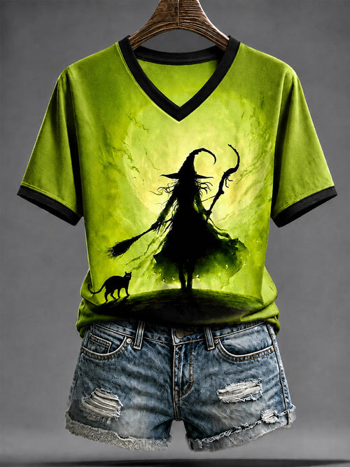 Women's Halloween Witch Black Cat Art  Short Sleeve T-shirt
