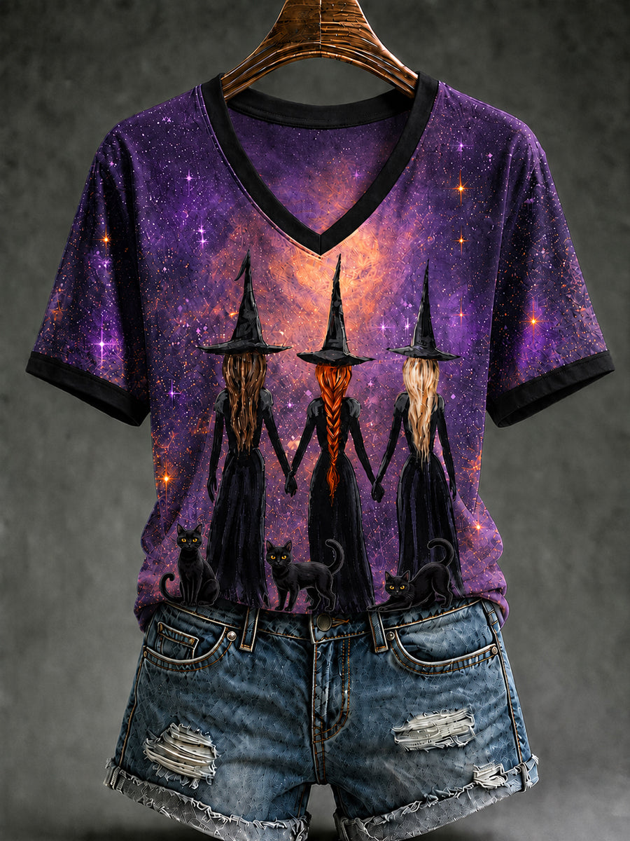 Women's Halloween Witch Black Cat Art  Short Sleeve T-shirt
