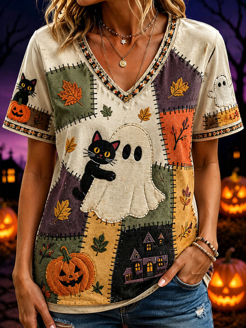 Women's Halloween Boo And Cat Pattern Printed Casual Short Sleeve T-Shirt