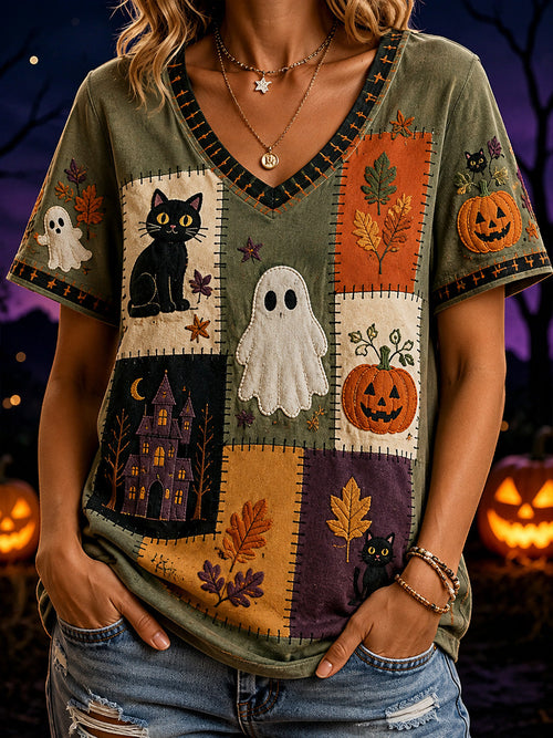 Women's Halloween Boo And Cat Pattern Printed Casual Short Sleeve T-Shirt
