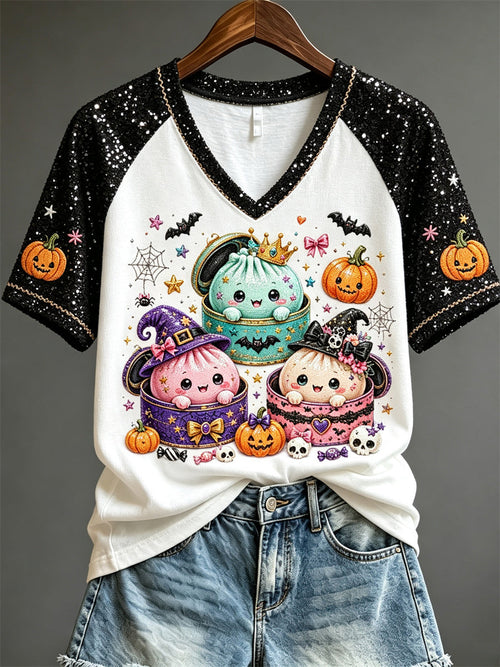 Women's Halloween Glitter Bun Dumplings Print short-sleeved T-shirt