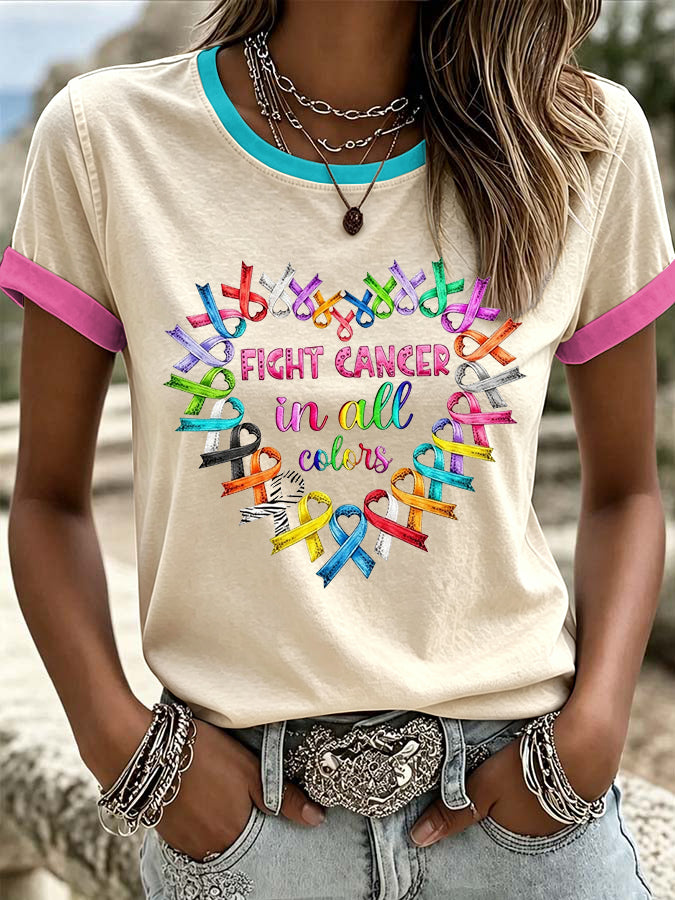 Women's Retro Fight Cancer In All Colors Printed T-shirt