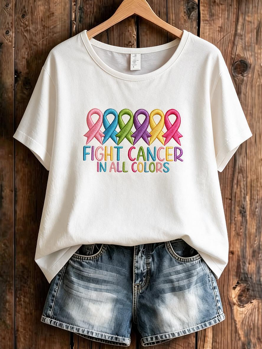 Women'S Casual Cancer Promotion Month Multi Color Round Print Short-Sleeve T-Shirt
