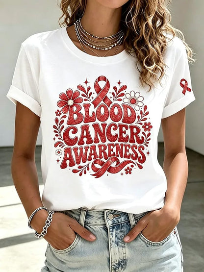 Women'S Blood Cancer Red Ribbon Health Awareness Round Neck T-Shirt